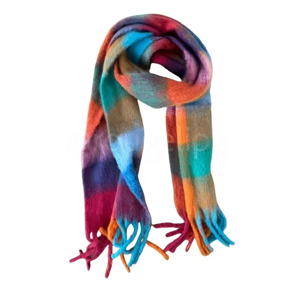 Plaid Multicolor Wide Shawl Scarf With Tassels Fuzzy Knit - Picture 7 of 8